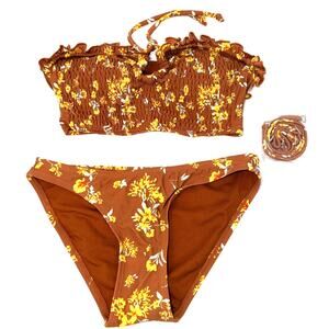 xhilaration 2pc brown floral bikini swimsuit XS hipster bottoms and S top NWT